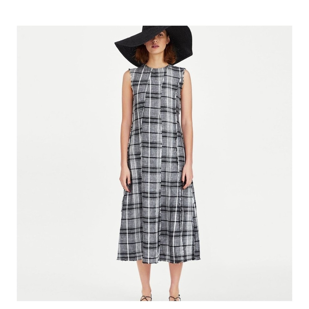 Zara Women Linen Plaid Midi Dress Medium Frayed Edge Cottagecore Lagenlook Fall